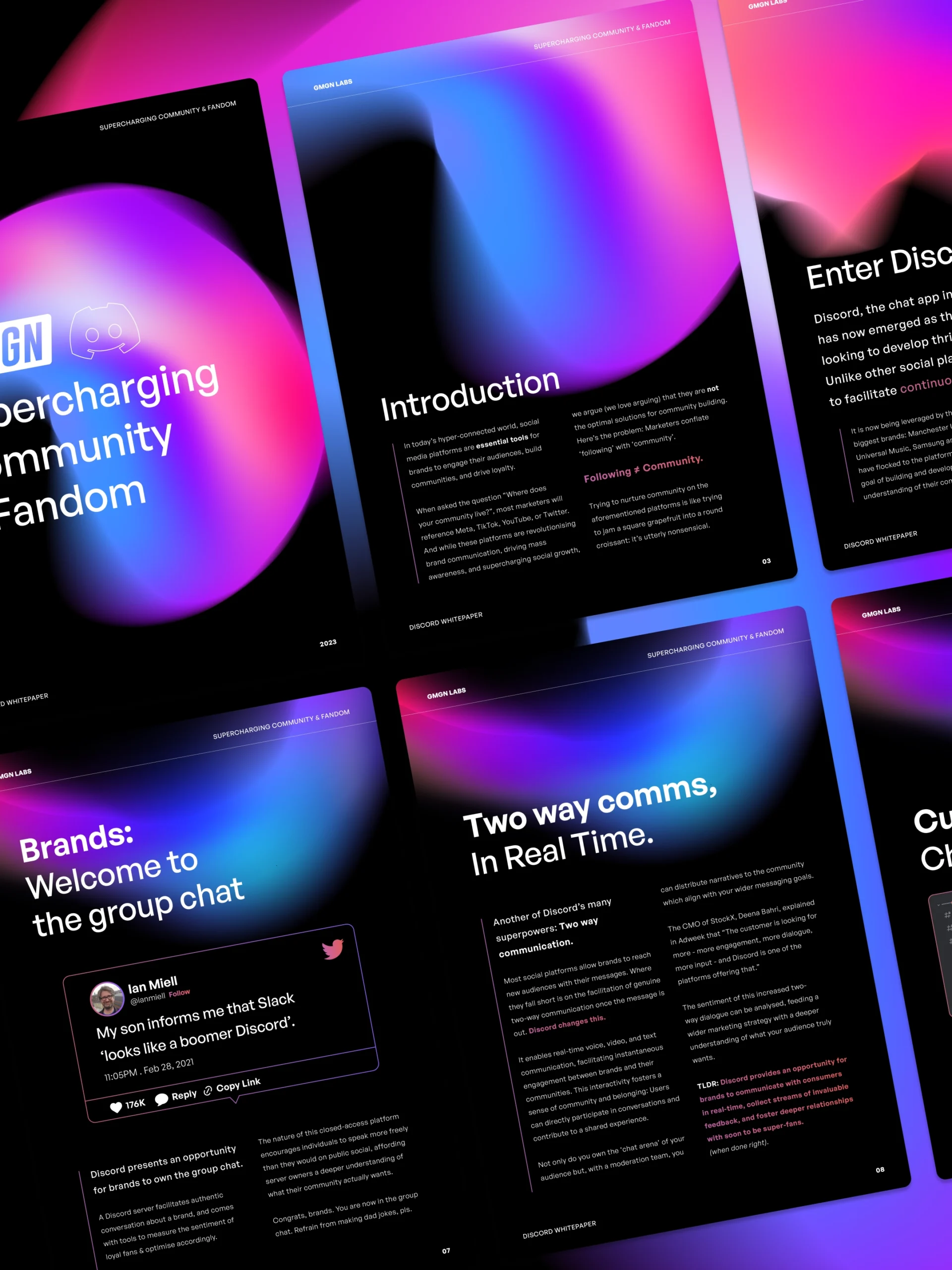 GMGN Labs - Discord White Paper - Document Overview Spreads 1 - Mobile An overview of the spreads designed for the GMGN Lab Discord white paper. angled across a branded background.