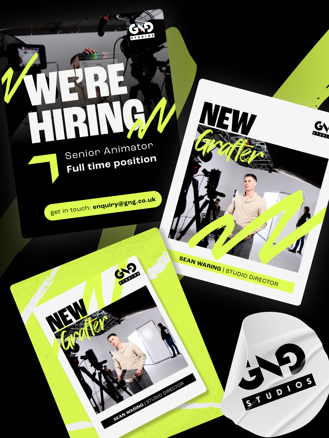 GNG Studios - Content Example - Mobile A showcase of a select few 4:5 content post templates produced for GNG Studios. The examples here show a hiring post, and a team member introduction post.