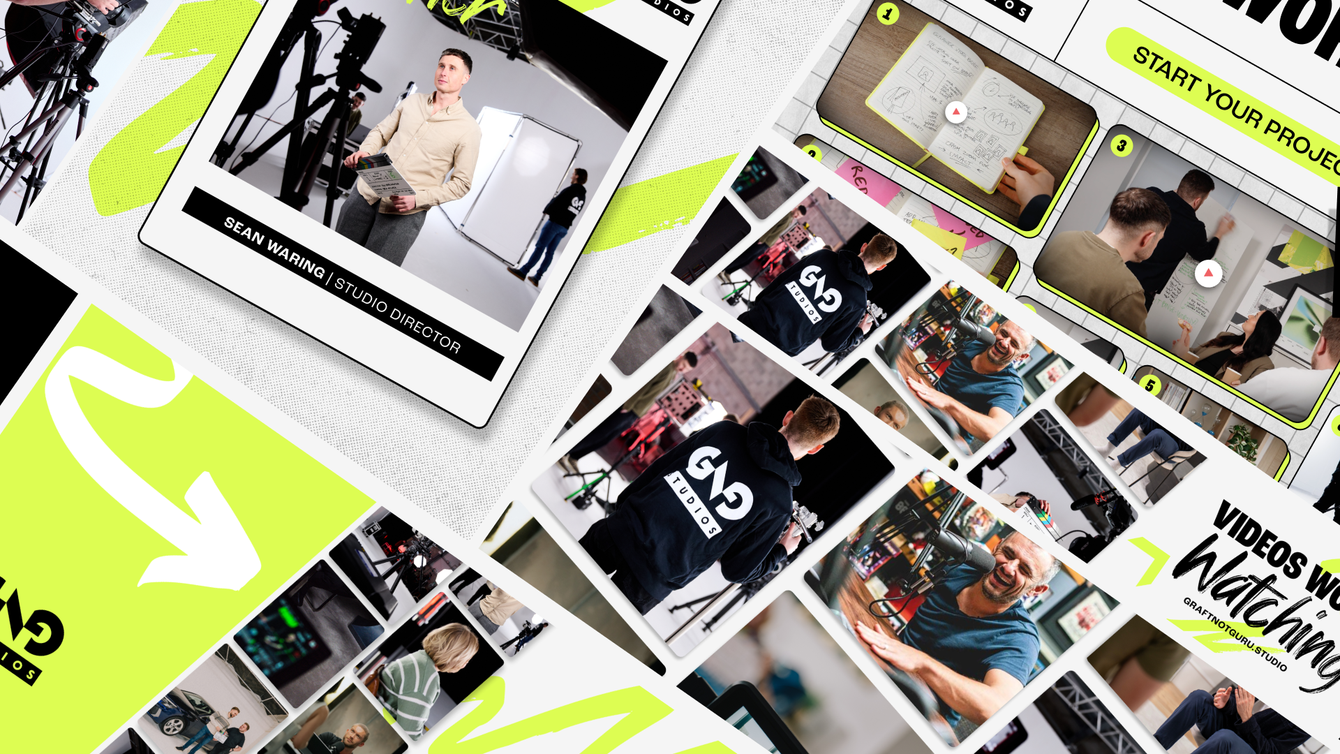 GNG Studios - Content Moodboard A A moodboard showcasing a selection of mocked up assets produced for GNG Studios, ranging from Social Media posts, profile banners, case study templates and more.
