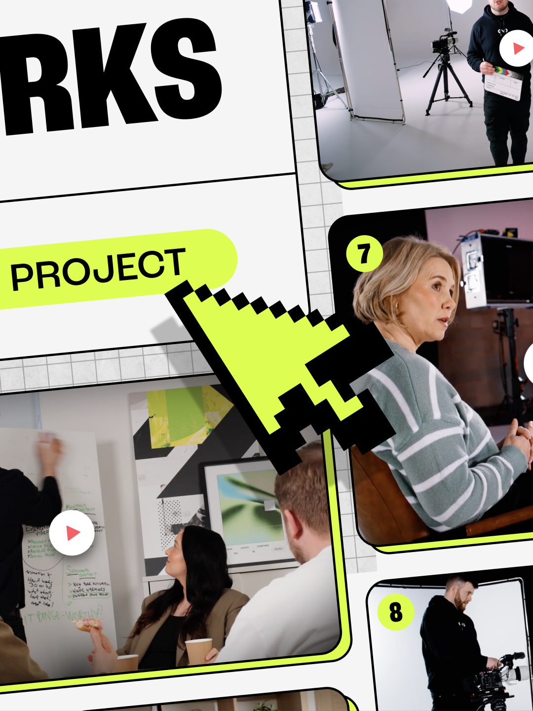 GNG Studios - Content Moodboard C - Mobile A moodboard showcasing a selection of mocked up assets produced for GNG Studios, ranging from Social Media posts, profile banners, case study templates and more.