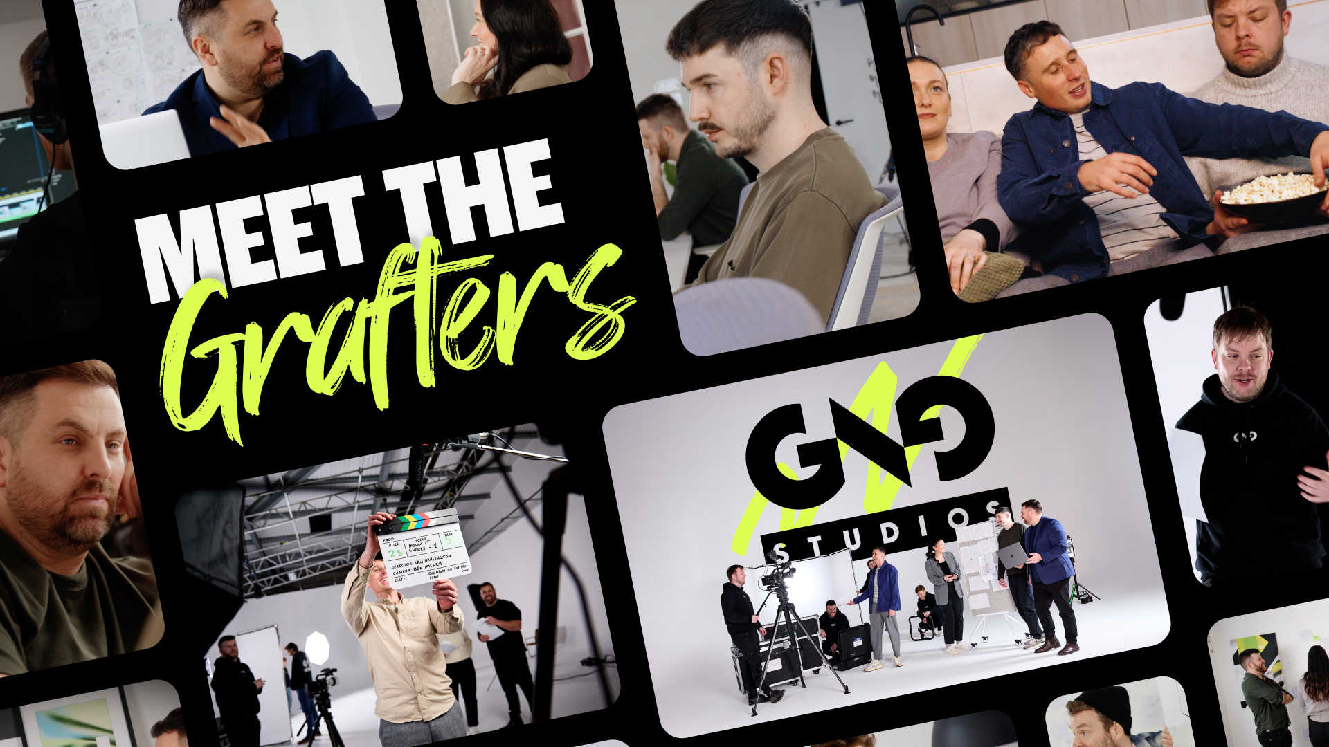 GNG Studios - Meet the Grafters Thumbnail A thumbnail produced for GNG Studio to introduce their team and business to the world. This thumbnail showcases a series of company imagery of varying sizes collaged together with a 20px gap between each edge for a clean, tiled appearance. The phrasing 'Meet The Grafters' is incorporated in place of one image tile.